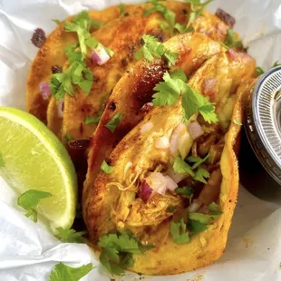 Shrimp tacos with lime and baby oil dipping sauce