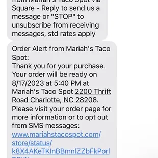 Screenshot of the text saying that my order would be ready at 5:40pm