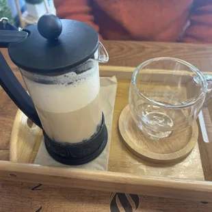 Chai Latte on a wooden tray