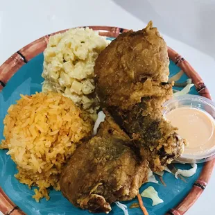 Island style BBQ chicken - two drum sticks, Fiesta rice, and Hawaiian Mac salad