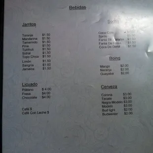 the price list for the restaurant