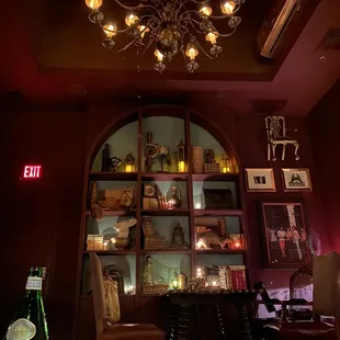 a chandelier in a wine bar