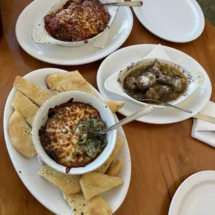 Table full of Appetizers! The Meatball Bake, Oven Stuffed Mushrooms and Spinach &amp; Artichoke Dip