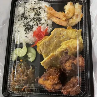 Sunday Bento: Mochiko chicken, meat jun, garlic shrimp
