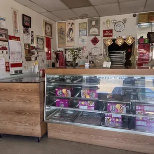 a counter with a display case