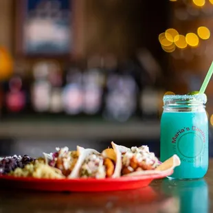 a plate of food and a drink