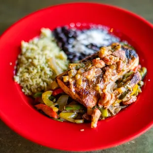 a red plate of food