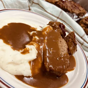 Meatloaf, homemade mashed potatoes with from scratch gravy