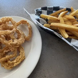 French fries and homemade onions rings.