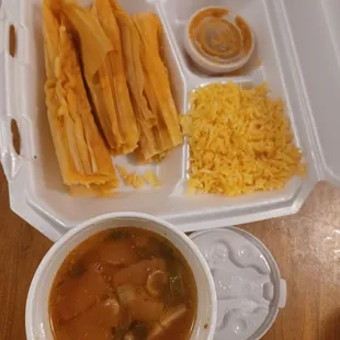 Tamale  plate with homemade charro beans and rice