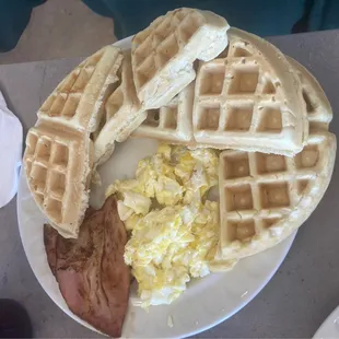 Waffle platter with scrambled eggs and ham