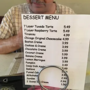 Dessert menu