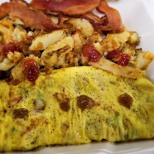 Western omelets, bacon, home fries