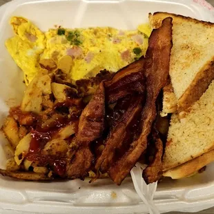 Western omelet with home fries, bacon N toast