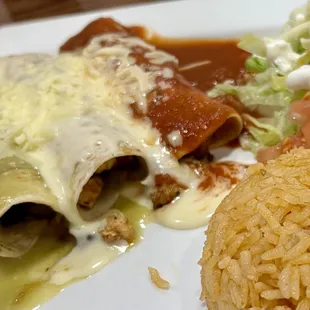 Burrito Tri Color: one each of steak, chicken, and shrimp.