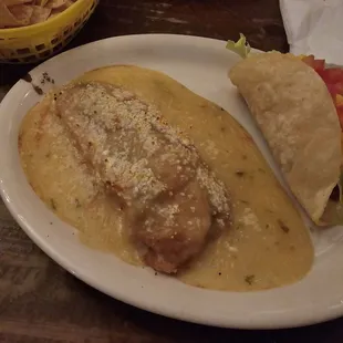 Chile relleno and shredded beef taco