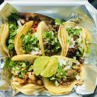 Chorizo, Pastor, Carne Asada, Barbacoa, Chicken, and Carnitas tacos