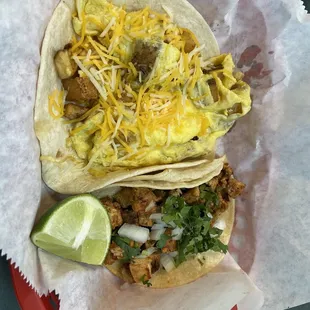 Breakfast Taco - Potato egg and Cheese Taco - Chicken on corn tortilla