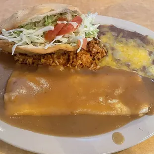 Beef taco, burrito with beans and rice