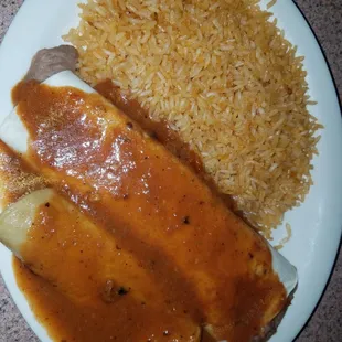 Bean burrito, cheese enchilada and rice. Lunch special number 3