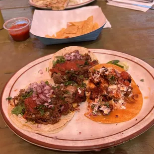 Two beef tacos del Rey and a pork belly taco