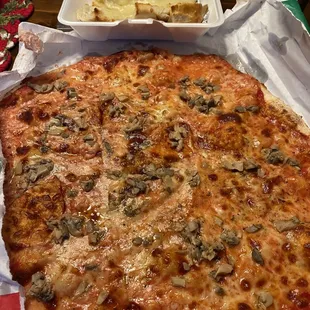 This is a "small" mushroom pizza with cheesy garlic bread.