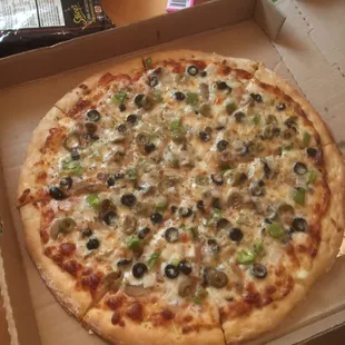 Vegetarian $20 five toppings. Briny Olives overpowered it, hardly any sauce, bread lacks character.