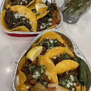 Adobada &amp; Asada Tacos. Plus sides: grilled onions, lemon and serrano peppers