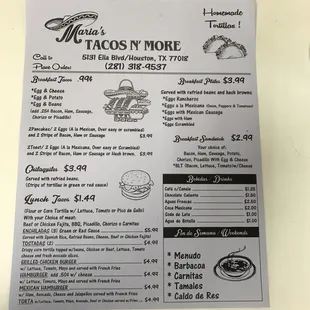 Maria&apos;s Tacos and More menu