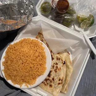 Side of rice ($2.50) and Large Quesadilla Meat