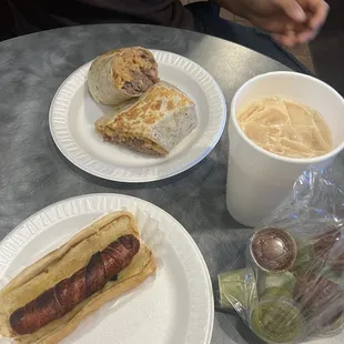 3.50 Bacon Wrapped Hot Dog and shredded beef Burrito Meat &amp; Beans