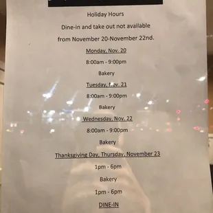 a menu for the holiday hours