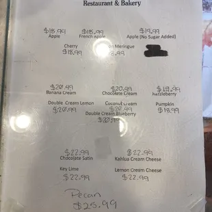 a menu for the restaurant