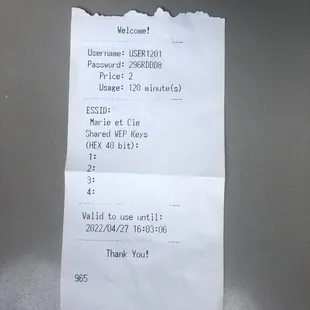 Wi-Fi receipt