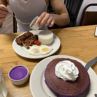 ube Pancakes and Lechon Kawali Silog