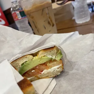 Veggie bagel and macchiato