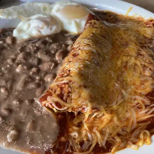 Enchiladas, egg and beans