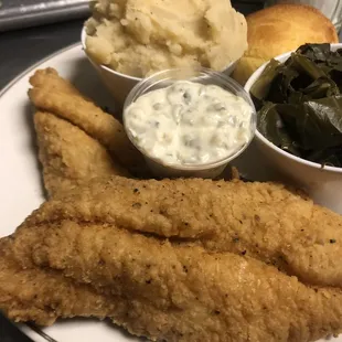 Dub's Catfish Dinner with Greens and Garlic Mashed