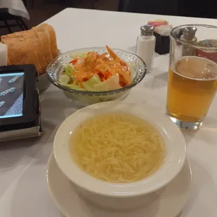 Chicken noodle. salad, bread and Czech beer