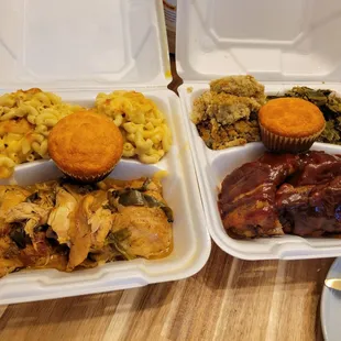 a meal in a styrofoam container