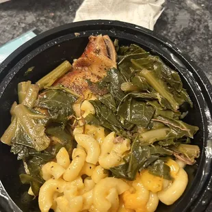 On The Go Sample Meal with Baked Chicken, Baked Macaroni, and Collard Greens