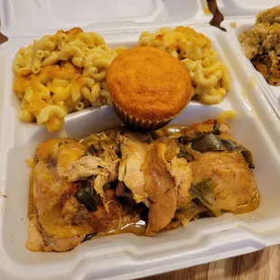 a meal in a styrofoam container