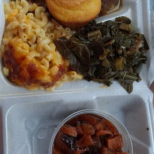 Baked Chicken, Greens, Mac n Cheese, Sweet Potatoes