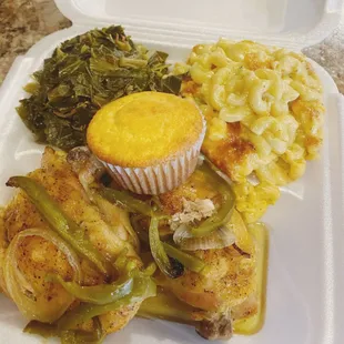 a meal in a styrofoam container