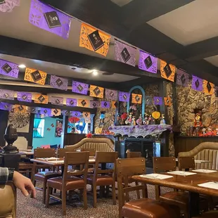 a restaurant decorated for halloween