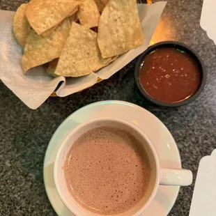 Mexican hot chocolate and too spicy salsa