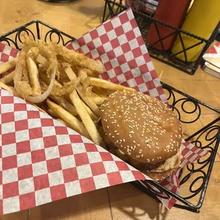 The MB single with onion rings and fries