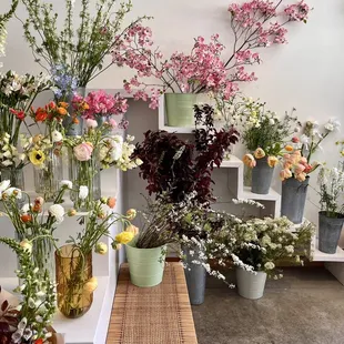 a variety of flowers in vases