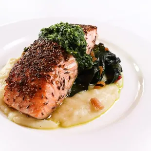 Caraway-Crusted Salmon. potato-leek puree. braised swiss chard. gremolata.