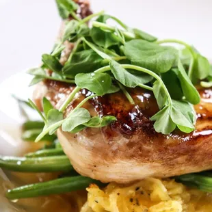 Rosemary-Brined Airline Chicken Breast. herbed spaghetti squash. haricot verts. cider gastrique.